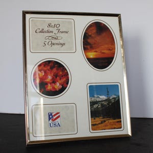 May include: A gold-toned metal 8x10 inch collection frame with five openings. The frame contains images of a sunset, flowers, and a mountain landscape. The frame has the text "Made in USA".
