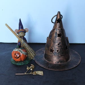 Vintage Halloween Gift Set. Witch's Hat Candle Holder, Mouse Figurine, Cat and Broom Brooch, Kitschy Grandmacore Decor, Hostess Gift.