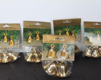 Vintage Miniature Brass Bells. Set Of 5 Packs, NOS, In Original Bags, Christmas Crafts, Gift For A Collector, Housewarming, Hostess.