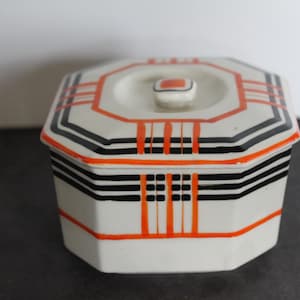 Vintage Orange and Black Ceramic Trinket Box. Octagon Shape, Made In Japan, Minimalist Halloween Decor, Lidded Container, Stash Box.