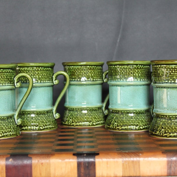 Vintage Retro Coffee Mug Set. Burlap Weave, Ceramic, Teal & Green, Grandmacore Serving Ware, Unique Housewarming, Hostess Gift, Rare, HTF.
