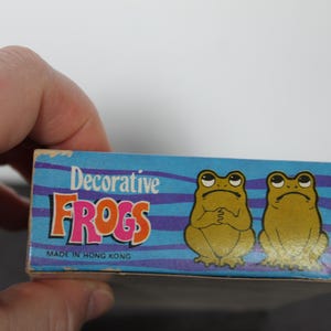 Puede incluir: Una caja con las palabras "Decorative FROGS" en letras naranjas y rosas. Dos ranas de dibujos animados est&aacute;n en el lado derecho de la caja. La caja es azul con rayas moradas y el texto "MADE IN HONG KONG".