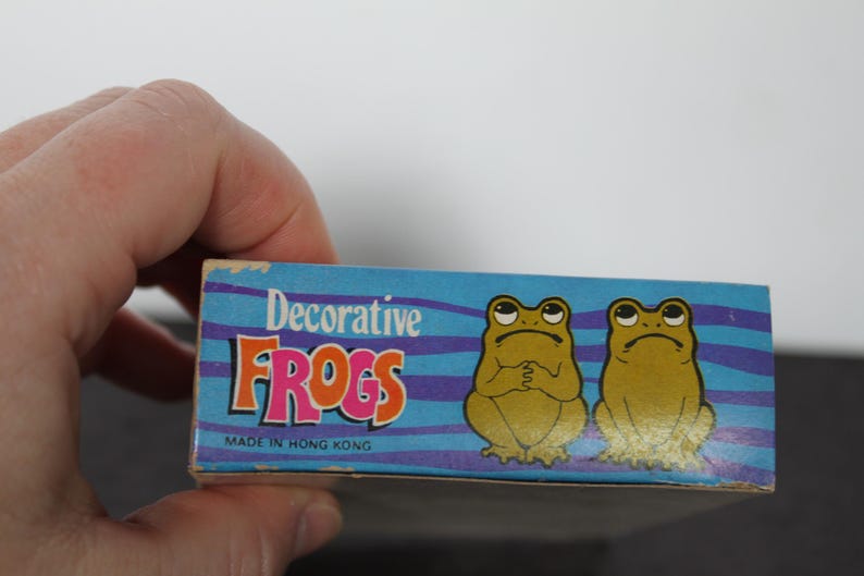 Puede incluir: Una caja con las palabras "Decorative FROGS" en letras naranjas y rosas. Dos ranas de dibujos animados est&aacute;n en el lado derecho de la caja. La caja es azul con rayas moradas y el texto "MADE IN HONG KONG".