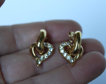 Vintage Gold Tone Heart Dangle Earrings. White Rhinestones, Avon, Romantic Grandmacore Accessory, Gift For A Collector.