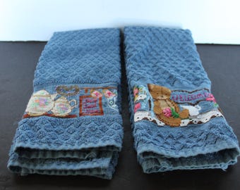 Vintage Blue Cross Stitch Hand Towels. Pair, Kitschy Grannycore, Teddy Bear, Tea Pots, Kitchen Decor, Housewarming, Hostess, Collector Gift.