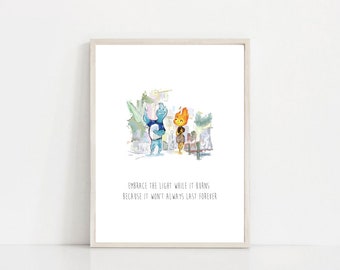 May include: A watercolor illustration of two cartoon characters, one blue and one orange, standing in front of a city scene. The text reads "Embrace the light while it burns, because it won't always last forever."