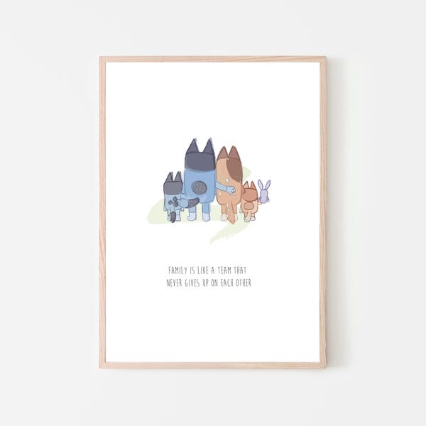 Op Bluey Family geïnspireerde kunst aan de muur: poster kinderkamer.