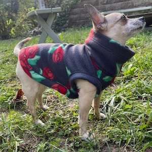 Red Roses on Black Chihuahua Fleece Sweater, Fits Most 7-10lb Dogs