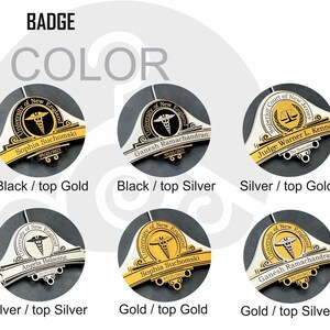 May include: Six custom name badges featuring various metallic finishes including gold, silver, and black. Each badge displays a circular emblem with a caduceus or scales of justice, a university or court name, a person's name, and the date 09/25/2023.