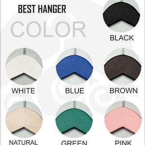 May include: A selection of coat hangers in various colors, including black, white, blue, brown, natural wood, green, and pink. The hangers are all the same shape and size, and they are arranged in a circle.