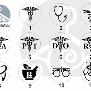 May include: A collection of eleven circular black and white medical icons labeled 1 through 11, featuring symbols like a caduceus, stethoscope, tooth, mortar and pestle, and optometry frames, with the text MY BEST HANGER in the top left corner.