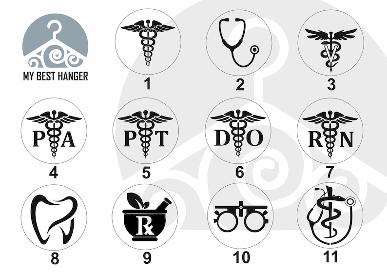 May include: A collection of eleven circular black and white medical icons labeled 1 through 11, featuring symbols like a caduceus, stethoscope, tooth, mortar and pestle, and optometry frames, with the text MY BEST HANGER in the top left corner.