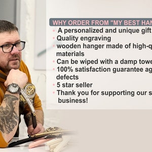 May include: A man holds a wooden hanger with a gold metal design. The hanger is made of high-quality materials and can be personalized with an engraving. The text "WHY ORDER FROM "MY BEST HANGER"" is visible in the image.