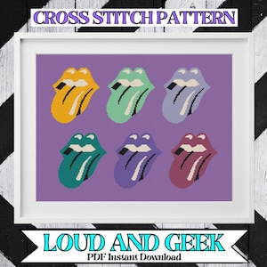 May include: Cross stitch pattern featuring six colourful tongue designs on a purple background. The pattern is titled "Loud and Geek" with the text "PDF Instant Download" below.