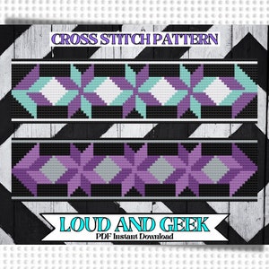 Puede incluir: Patrón de punto de cruz para un diseño geométrico con colores morado, turquesa, gris y negro. El patrón se titula "Loud and Geek" y está disponible como descarga instantánea en PDF.
