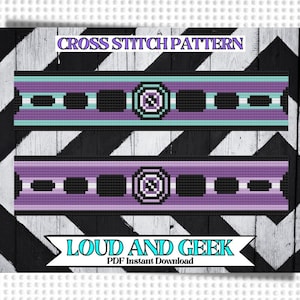 Puede incluir: Patrón de punto de cruz para una pulsera con un diseño morado, turquesa y negro. El patrón incluye un círculo con un círculo más pequeño en su interior. El texto "LOUD AND GEEK" está debajo del patrón. Descarga instantánea PDF.
