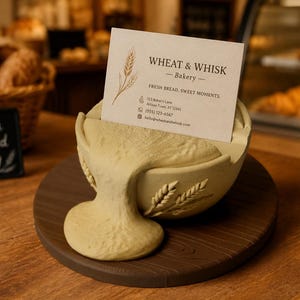 May include: A cream-colored ceramic card holder shaped like a bowl with a textured wheat stalk design, featuring a spill-like extension. A rectangular business card is inserted, displaying the text WHEAT & WHISK Bakery, FRESH BREAD, SWEET MOMENTS.