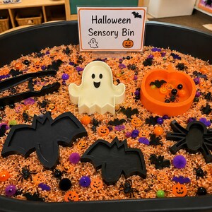 May include: A black plastic sensory bin filled with orange-dyed rice, small plastic spiders, bats, and pumpkins. It includes a white ghost-shaped container, an orange pumpkin-shaped bowl, black tongs, and two black bat-shaped molds with a sign reading Halloween Sensory Bin.