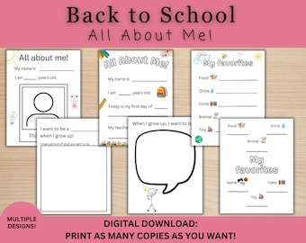 May include: A printable worksheet for kids to fill out about themselves. The worksheet has sections for name, age, favorite things, and a drawing space. The worksheet is titled "All About Me!" and is part of a set of "Back to School" worksheets.