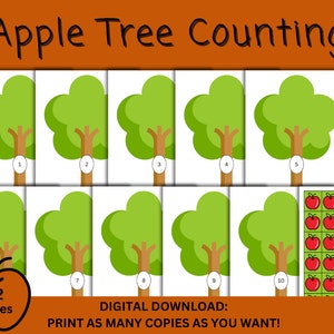 May include: A printable set of 10 pages featuring apple trees with different numbers of apples. Each page has a number from 1 to 10. The last page shows a grid of 40 red apples. The text "Apple Tree Counting" is at the top of the page. The text "12 Pages" is in a red apple shape. The text "DIGITAL DOWNLOAD: PRINT AS MANY COPIES AS YOU WANT!" is at the bottom of the page.