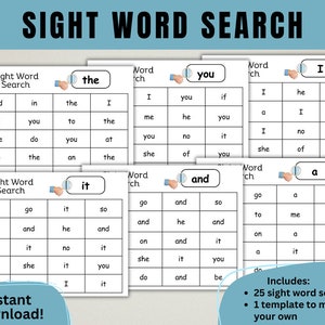 Sight Word Search, Classroom Activity, Preschool, Kindergarten, Sight Words, Word Search, Printable, Digital Download