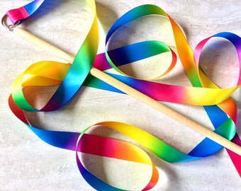 ribbon wands, rainbow satin ribbon, long wooden handle, birthday gift kids, colorful party favor, dance gifts for girl, gymnastics, LGBTQ