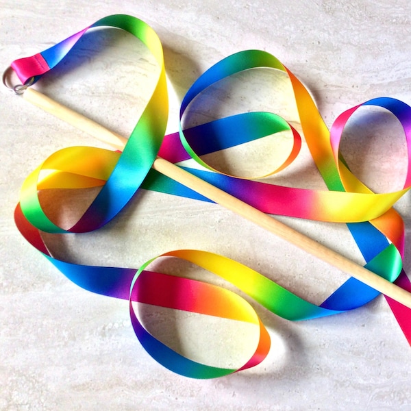 ribbon wands, rainbow satin ribbon, long wooden handle, birthday gift kids, colorful party favor, dance gifts for girl, gymnastics, LGBTQ