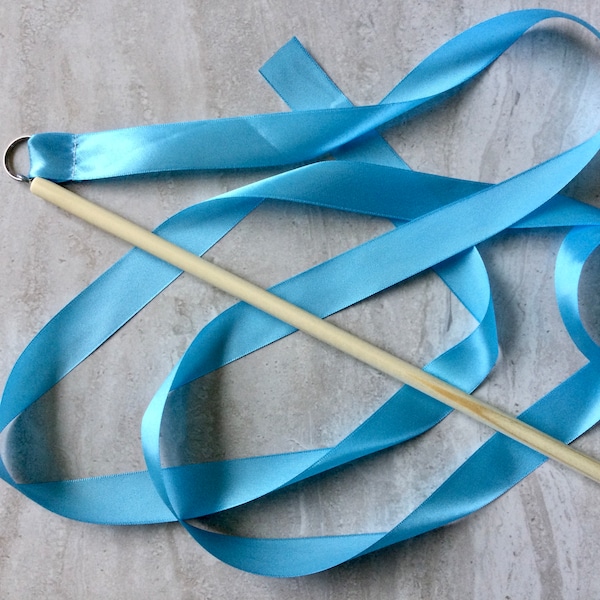 ribbon wands, light blue satin ribbon, long wooden handle, birthday gift kids, colorful party favor, dance gifts for girl, gymnastics, twirl