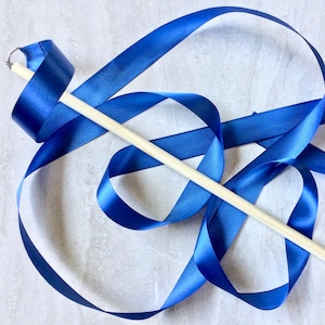 ribbon wand, royal blue satin ribbon, long wooden handle, birthday gift kids, colorful party favor, dance gift for girl, gymnastic, twirling
