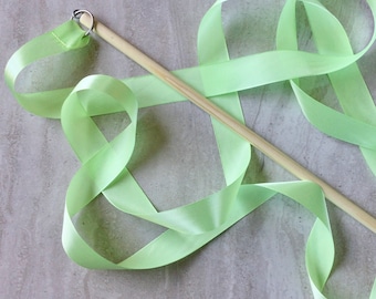 Mint Green Satin Ribbon Wand: Long Wooden Handle, Dance & Gymnastics Gifts, Kids Party Favor