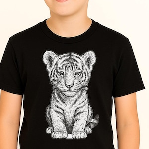 Tiger Face Youth T-Shirt - Cool Animal Graphic Tee for Kids - Black Shirt with White Tiger Illustration - Unique Gift for Boys & Girls