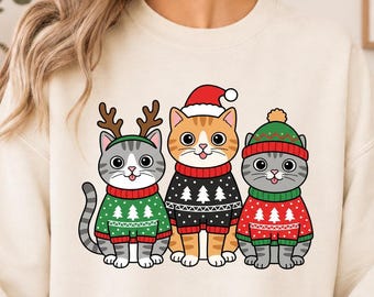 Christmas Cat T-shirt and Sweatshirt, Holiday Cat Crewneck, Cute Christmas Cats Shirt, Cat Lover Christmas Gift, Festive Kitty Sweater
