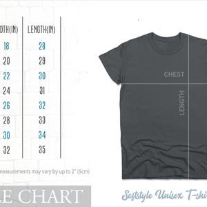 The image is a size chart for a gray t-shirt, showing the measurements for different sizes.