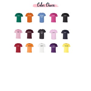 a color chart with various colored t-shirts arranged in rows, each representing a different color.