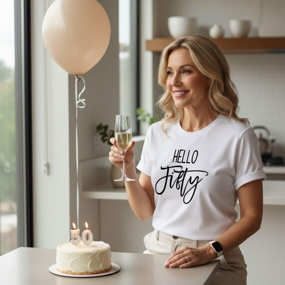 Hello Fifty Shirt, 50th Birthday Shirt for Women, Hello 50 Birthday Tee, Minimal 50th Birthday Outfit