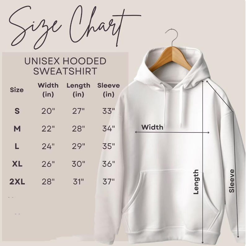 a size chart for a unisex hooded sweatshirt, providing measurements for different sizes.