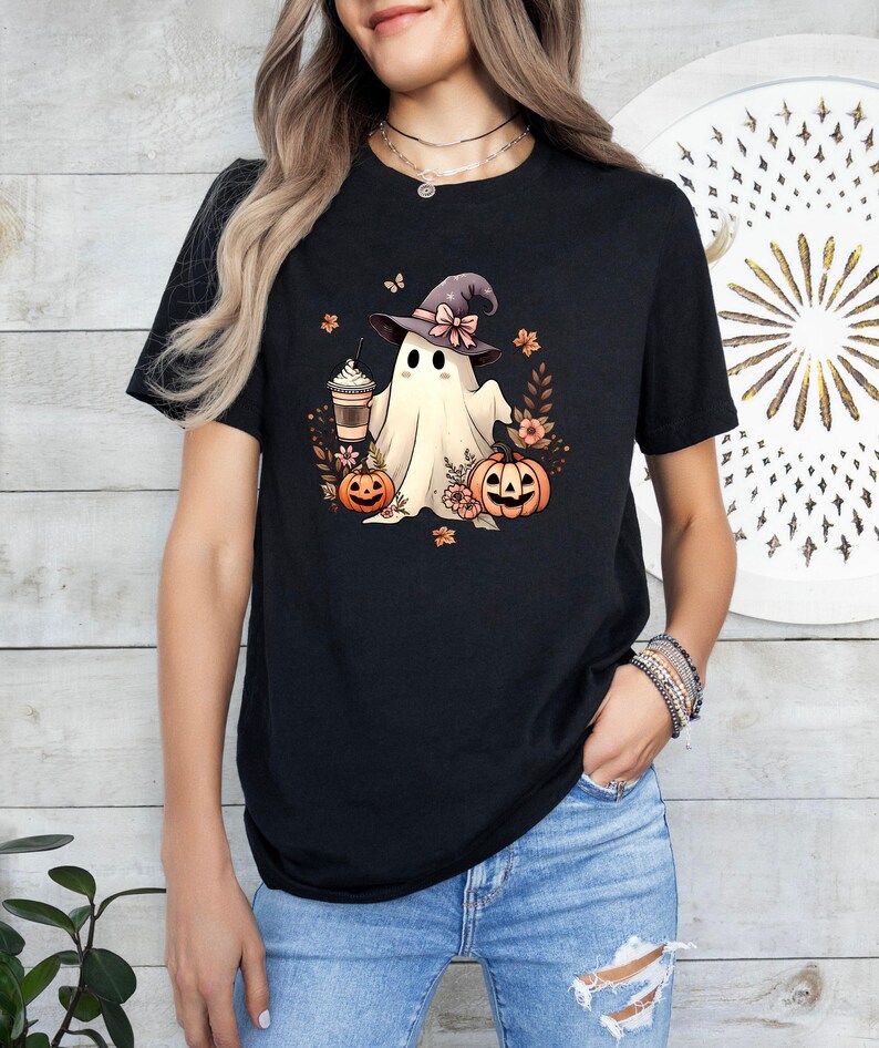 Ghost Halloween Pumpkin Shirt - Cute Spooky Tee for Women, Men & Kids - Fall Festive Apparel, Trick or Treat Costume Idea image 2