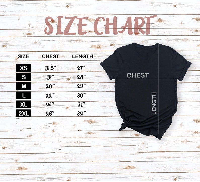 a black t-shirt with measurements and text indicating the size and length of the shirt.