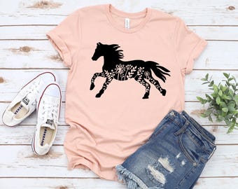 Floral Horse T-Shirt, Equestrian Animal Lover Casual Wear (Unisex S-XL)