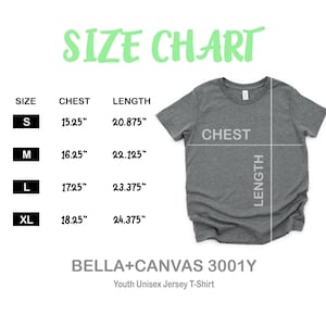The image is a size chart for a youth unisex t-shirt, including measurements for chest, length, and waist.