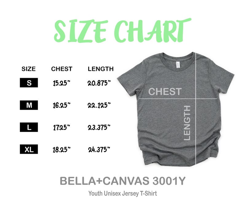 The image is a size chart for a youth unisex t-shirt, including measurements for chest, length, and waist.