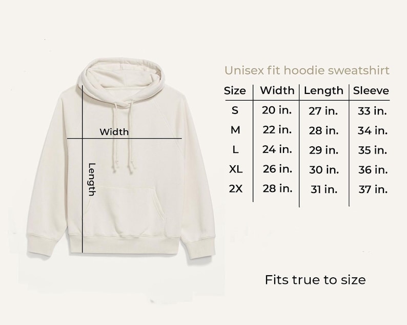 a white hoodie sweatshirt with measurements and a table indicating the size and length of the hoodie.