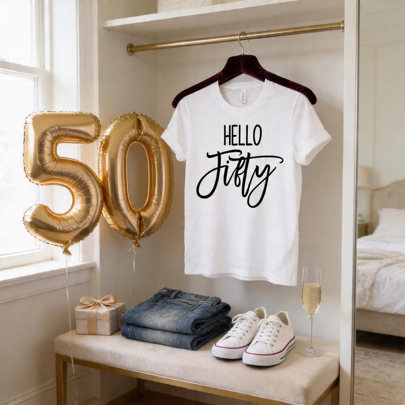 a 50th birthday celebration, with a white t-shirt hanging on a hanger that says "Hello Fifty", a pair of jeans, a pair of sneakers, and a gift box. There are also gold foil balloons shaped like the number 50, and a glass of champagne on a table.