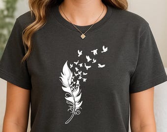 Freedom Symbol T-Shirt - Feather and Flying Birds Design