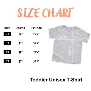 The image is a size chart for a toddler unisex t-shirt, showing the measurements for different age groups from 2 to 5 years old.