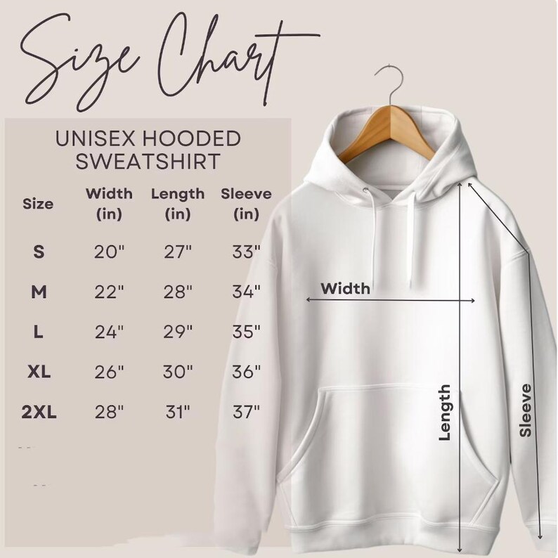 a size chart for a unisex hooded sweatshirt, providing measurements for different sizes.