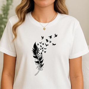 Freedom Symbol T-Shirt - Feather and Flying Birds Design image 3
