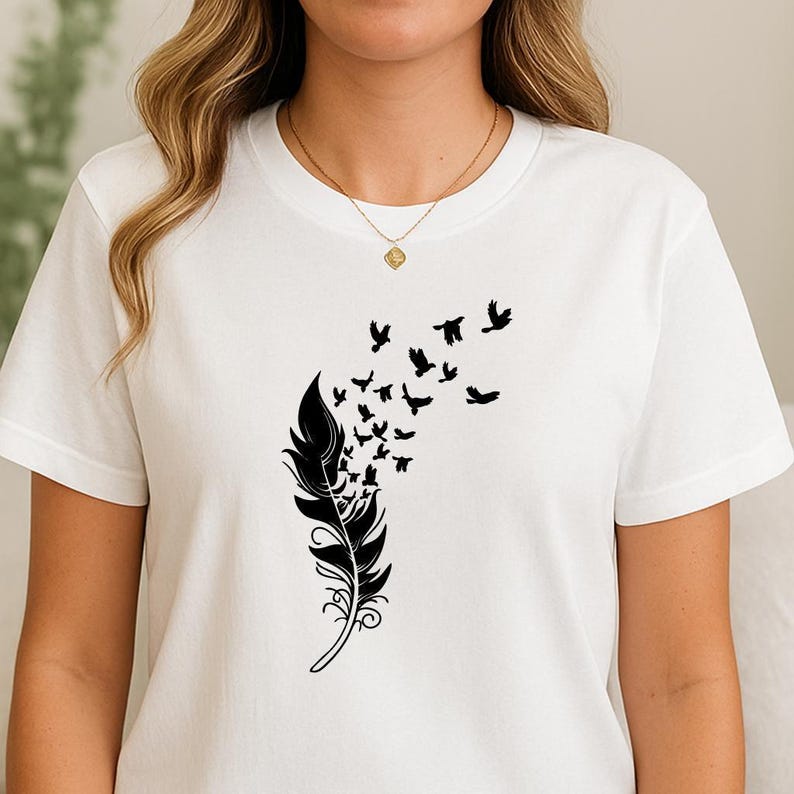 Freedom Symbol T-Shirt - Feather and Flying Birds Design image 3