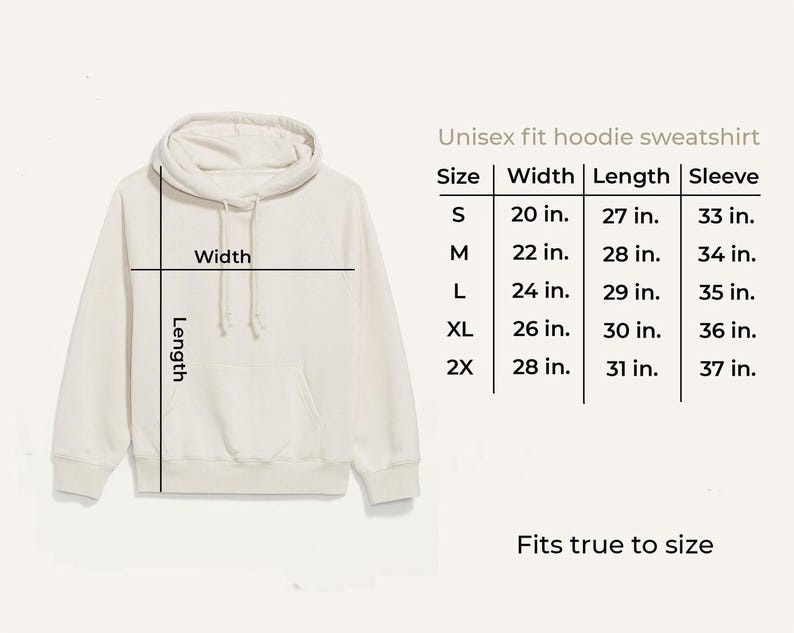 a white hoodie sweatshirt with measurements and a table indicating the size and length of the hoodie.