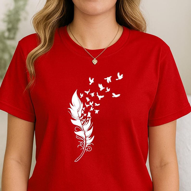 Freedom Symbol T-Shirt - Feather and Flying Birds Design image 4